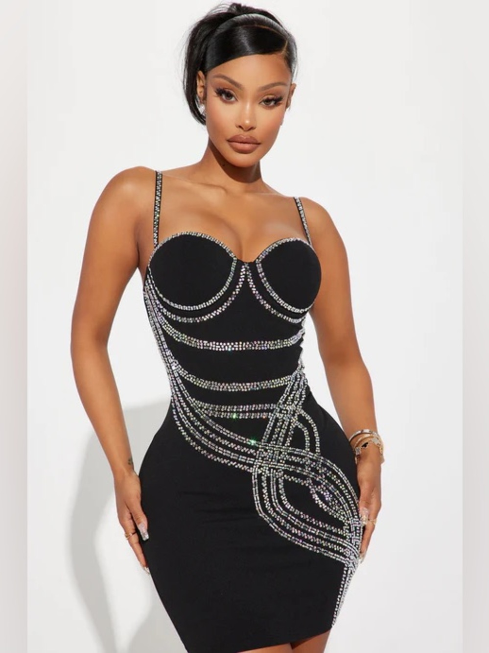 Fashion Nova - Black Embellished Bodycon Mini Dress, Small - Picture 3 of 6